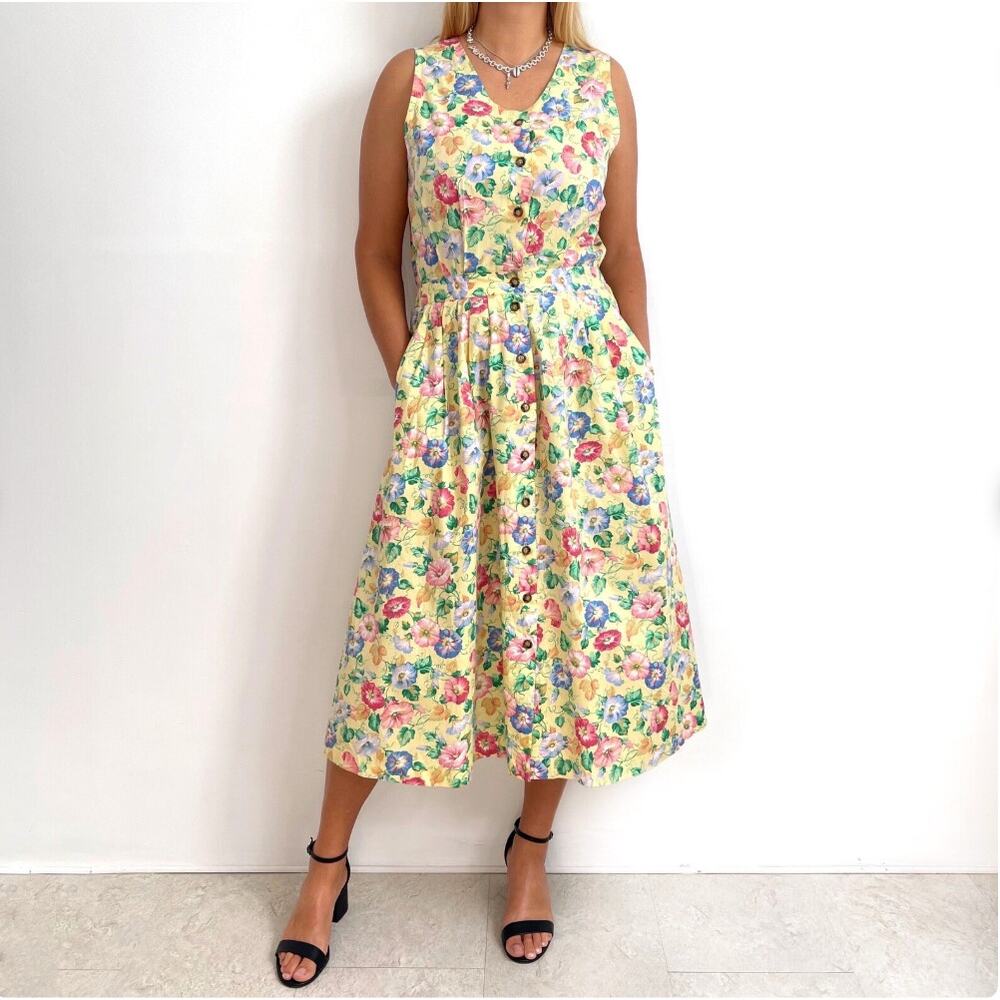 Manor House Sz 8 Butter Yellow Floral Midi Tea Dress Button Up Floral Summer